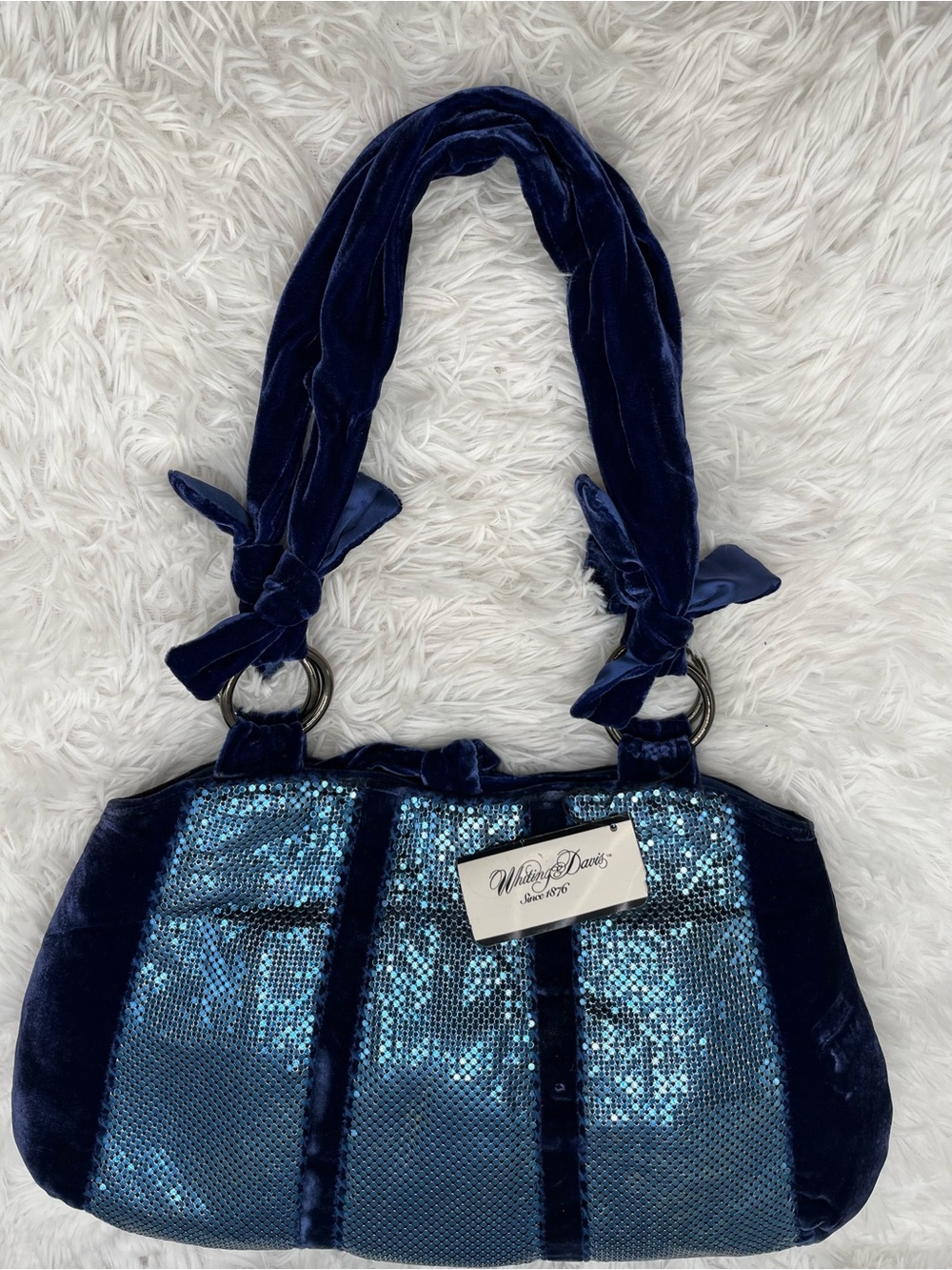 Whiting & Davis Shoulder Bag Purse Blue Metal Mesh Velvet Bow NWT